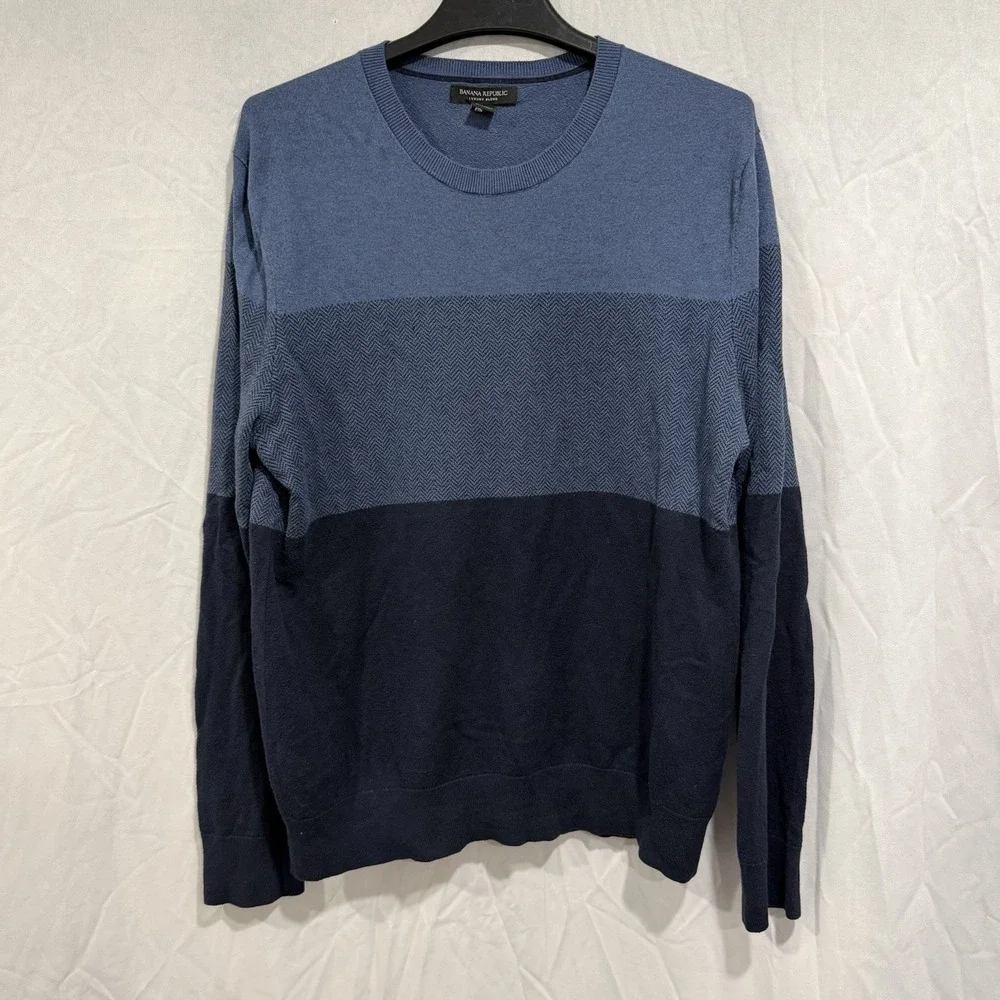 Banana Republic Crewneck Sweater Mens Large Blue Herringbone Silk Cashmere